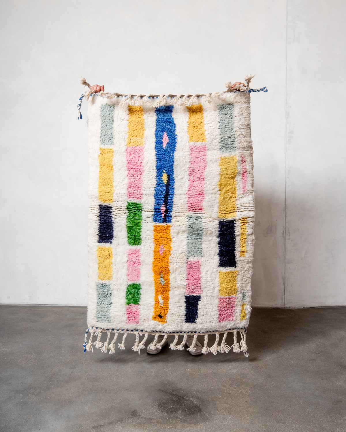 Modern, designer, handcrafted Berber rug from Morocco. Beniourain carpet with beautiful colours and patterns and fluffy wool texture.